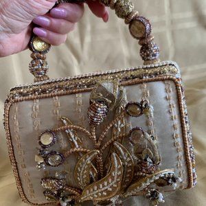 MARY FRANCES TAN & GOLD BEADED EVENING PURSE